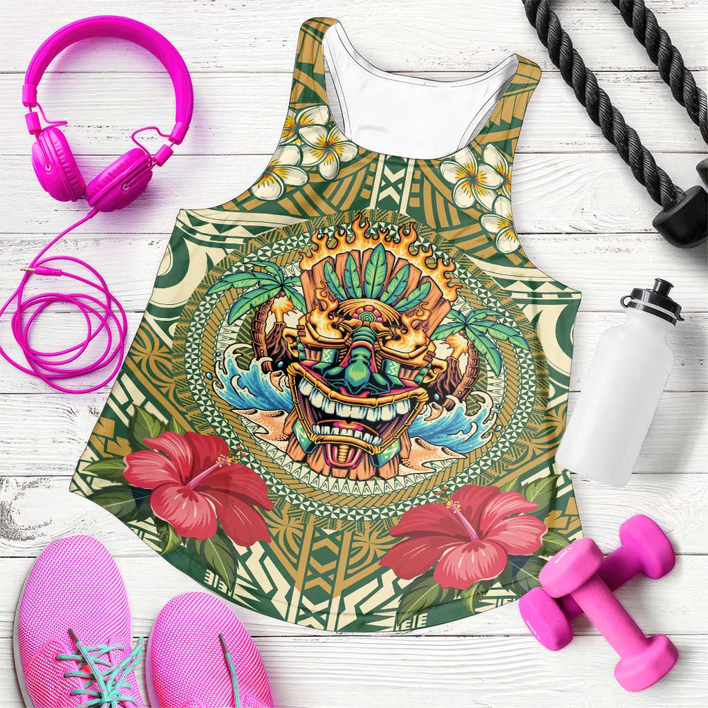 Hawaii Tiki Mask Personalized Women Racerback Tank Mele Kalikimaka i Iulai! LT9 Green - Polynesian Pride