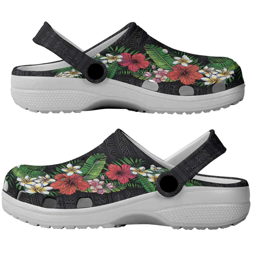 Hawaii Tropical Flowers and Leaves Clogs Shoes Tapa Pattern Colorful Mode