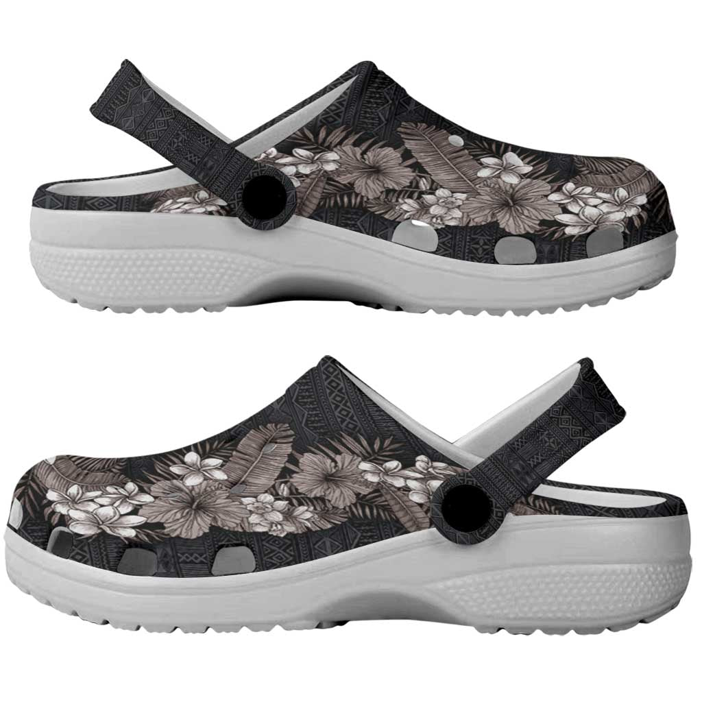 Hawaii Tropical Flowers and Leaves Clogs Shoes Tapa Pattern Grayscale Mode