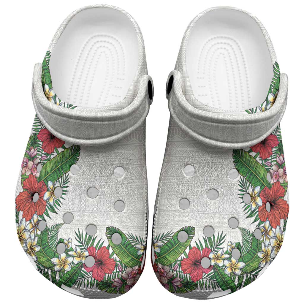 Hawaii Tropical Flowers and Leaves Clogs Shoes Tapa Pattern White Mode