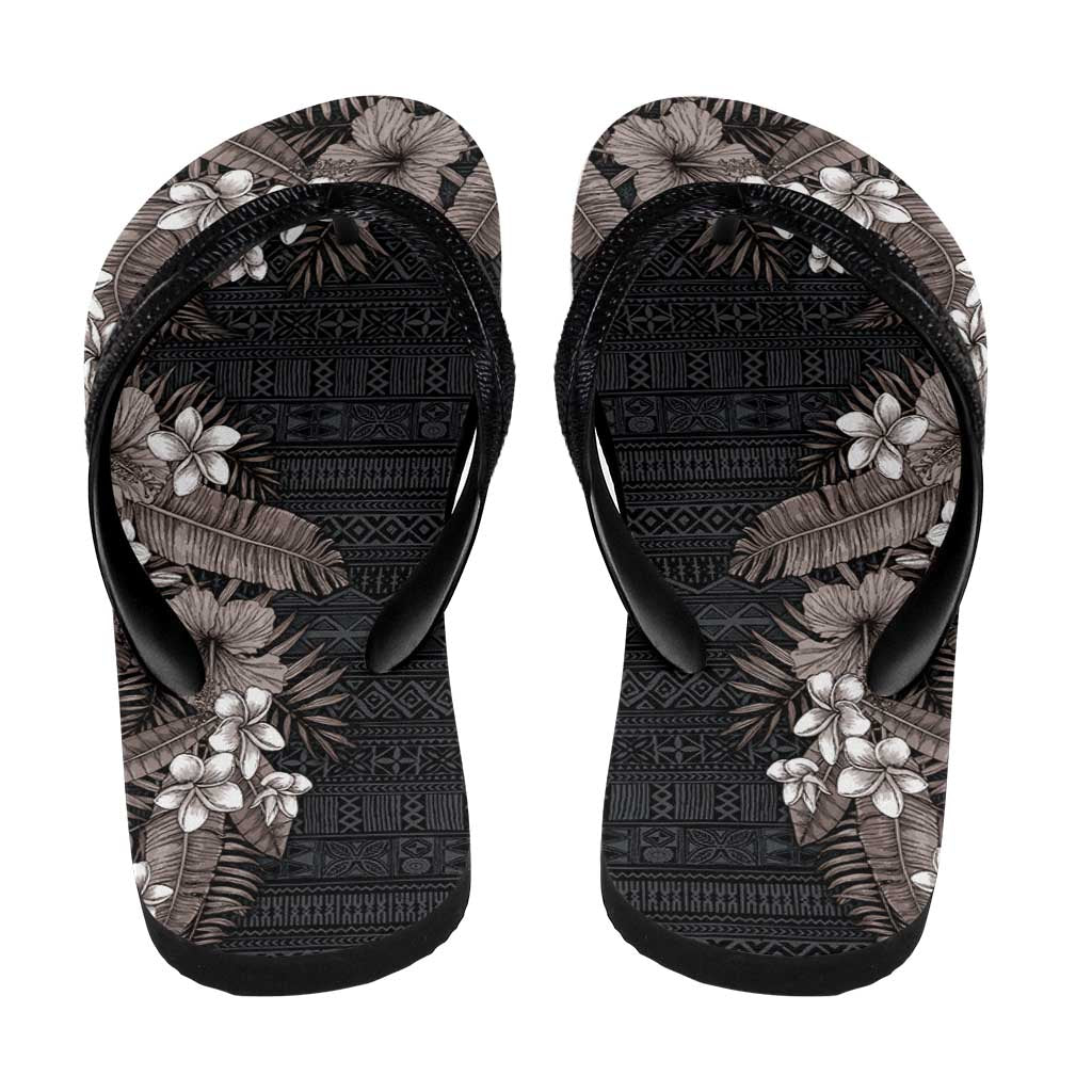 Hawaii Tropical Flowers and Leaves Flip Flops Tapa Pattern Grayscale Mode