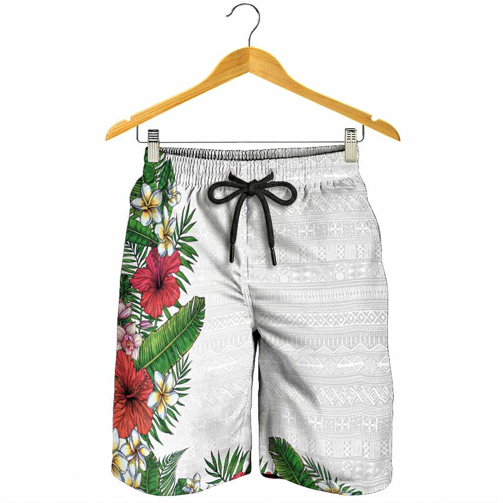 Hawaii Tropical Flowers and Leaves Shorts for Men Tapa Pattern White Mode