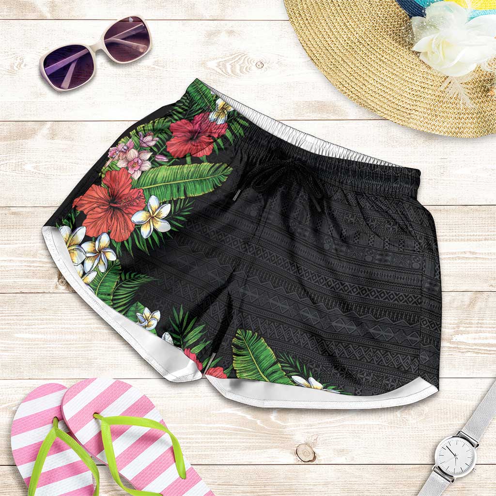 Hawaii Tropical Flowers and Leaves Shorts for Women Tapa Pattern Colorful Mode