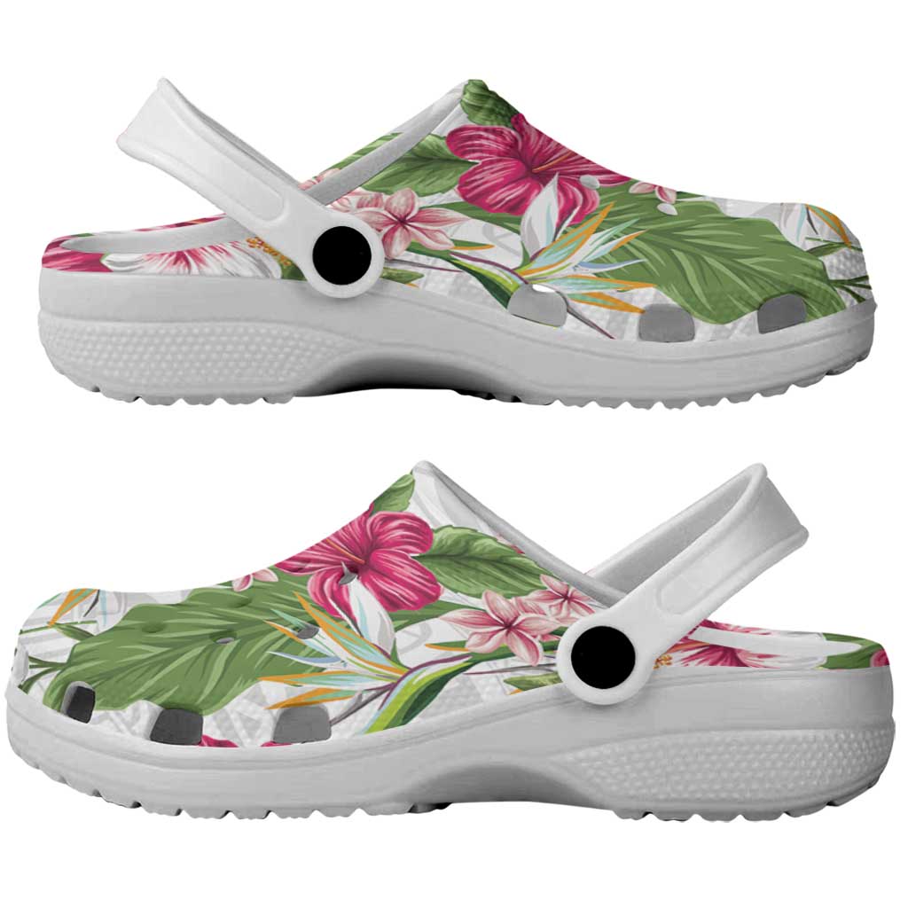 Hawaii Tropical Flowers Clogs Shoes Polynesian Tattoo White