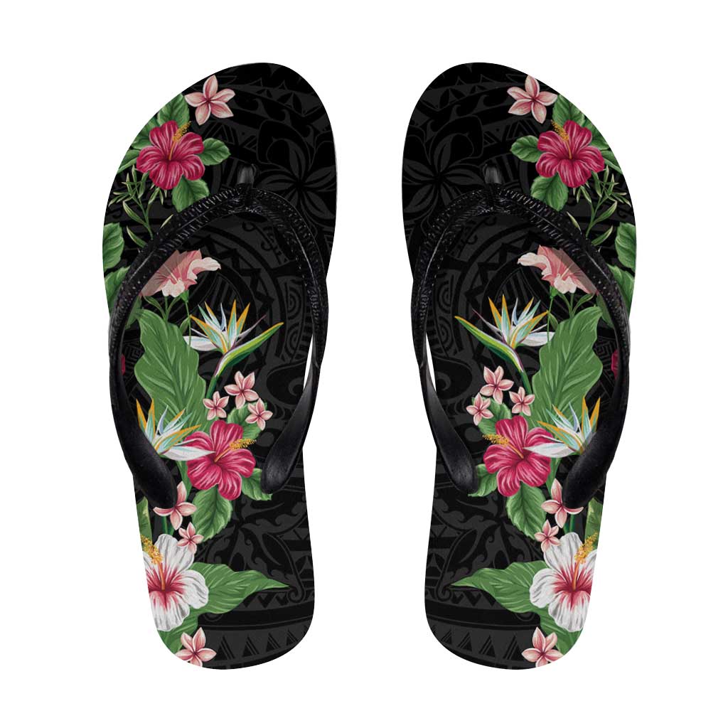 Hawaii Tropical Flowers Flip Flops Polynesian Tattoo Black