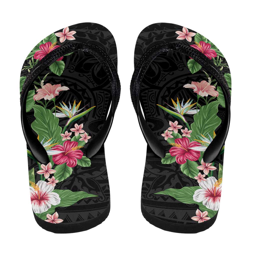 Hawaii Tropical Flowers Flip Flops Polynesian Tattoo Black