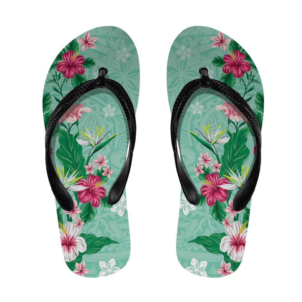 Hawaii Tropical Flowers Flip Flops Polynesian Tattoo Mint Green