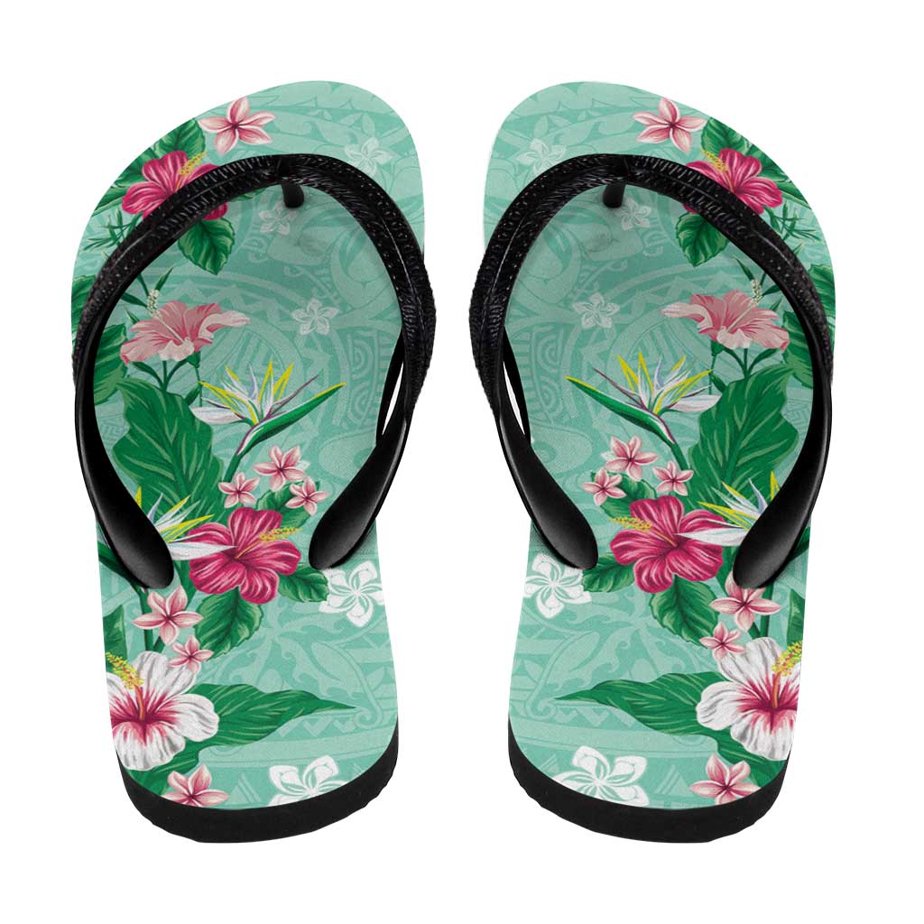 Hawaii Tropical Flowers Flip Flops Polynesian Tattoo Mint Green