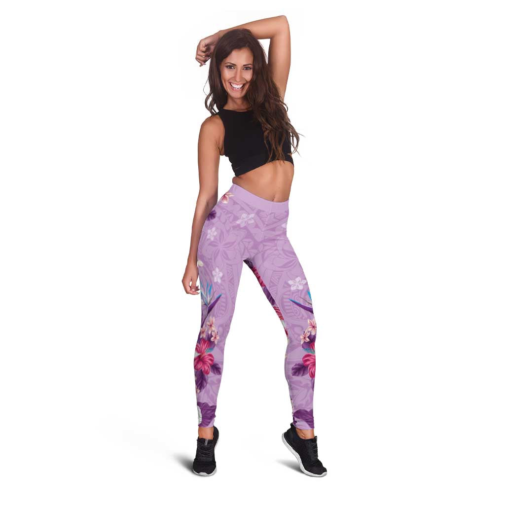 Hawaii Tropical Flowers Leggings Polynesian Tattoo Lavender
