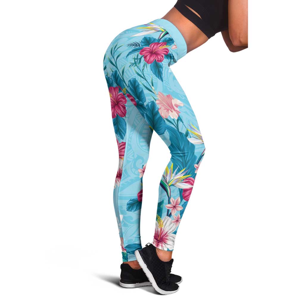 Hawaii Tropical Flowers Leggings Polynesian Tattoo Sky Blue