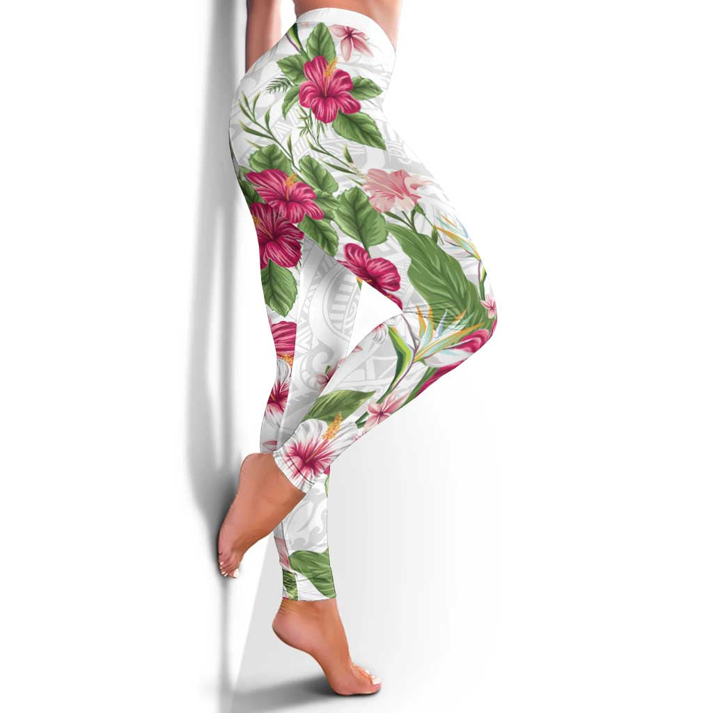Hawaii Tropical Flowers Leggings Polynesian Tattoo White