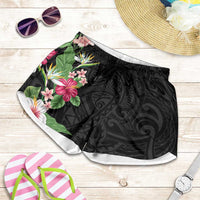 Hawaii Tropical Flowers Shorts for Women Polynesian Tattoo Black LT05 Black - Polynesian Pride