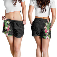 Hawaii Tropical Flowers Shorts for Women Polynesian Tattoo Black LT05 - Polynesian Pride
