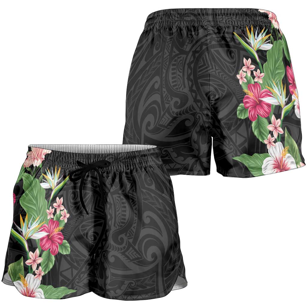Hawaii Tropical Flowers Shorts for Women Polynesian Tattoo Black LT05 - Polynesian Pride