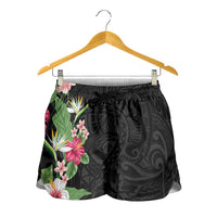 Hawaii Tropical Flowers Shorts for Women Polynesian Tattoo Black LT05 - Polynesian Pride