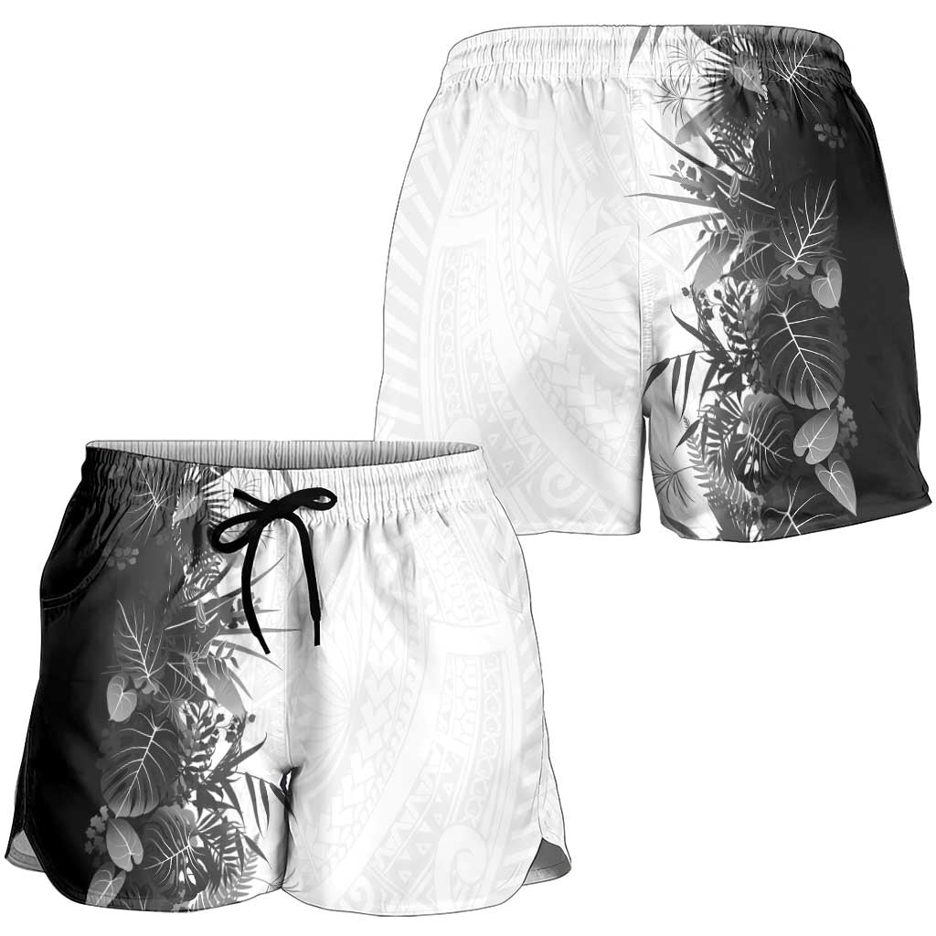 Hawaii Tropical Plant Monochrome Shorts for Women Vibrant Polynesian Pattern