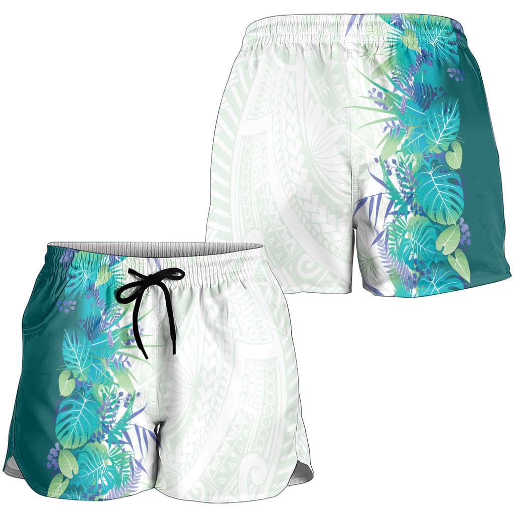 Hawaii Tropical Plant Teal Shorts for Women Vibrant Polynesian Pattern