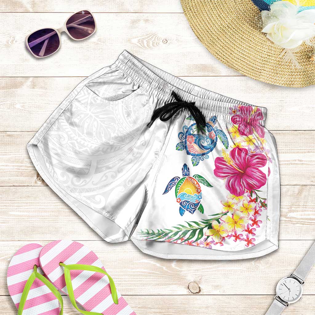 Hawaiian Abstract Art Turtles Shorts for Women with Plumeria and Hibiscus - Polynesian Pride