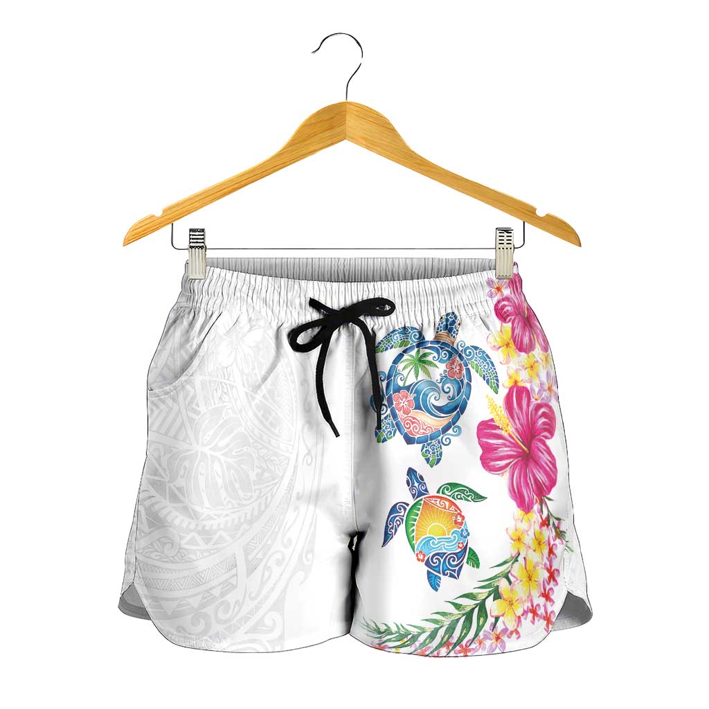 Hawaiian Abstract Art Turtles Shorts for Women with Plumeria and Hibiscus - Polynesian Pride