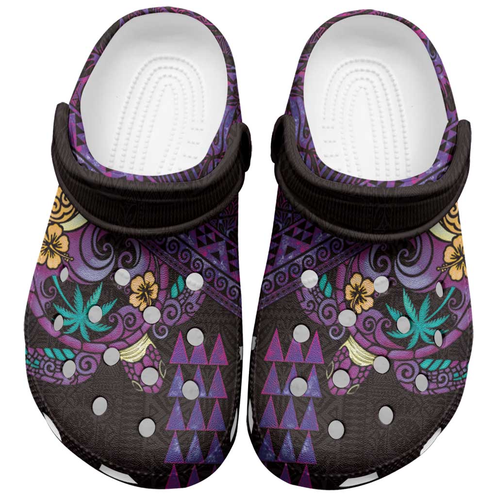 Hawaiian Abstract Sea Turtle Clogs Shoes Polynesian Tapa Art and Kakau Tattoo Purple WaterColor - Polynesian Pride