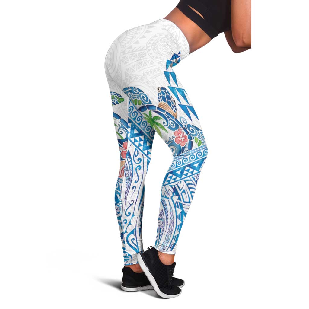 Hawaiian Abstract Sea Turtle Leggings Polynesian Tapa Art and Kakau Tattoo White WaterColor - Polynesian Pride