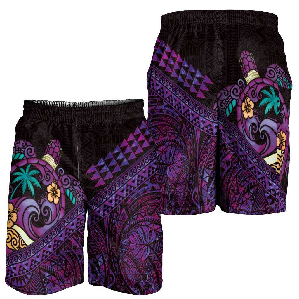 Hawaiian Abstract Sea Turtle Shorts for Men Polynesian Tapa Art and Kakau Tattoo Purple WaterColor - Polynesian Pride