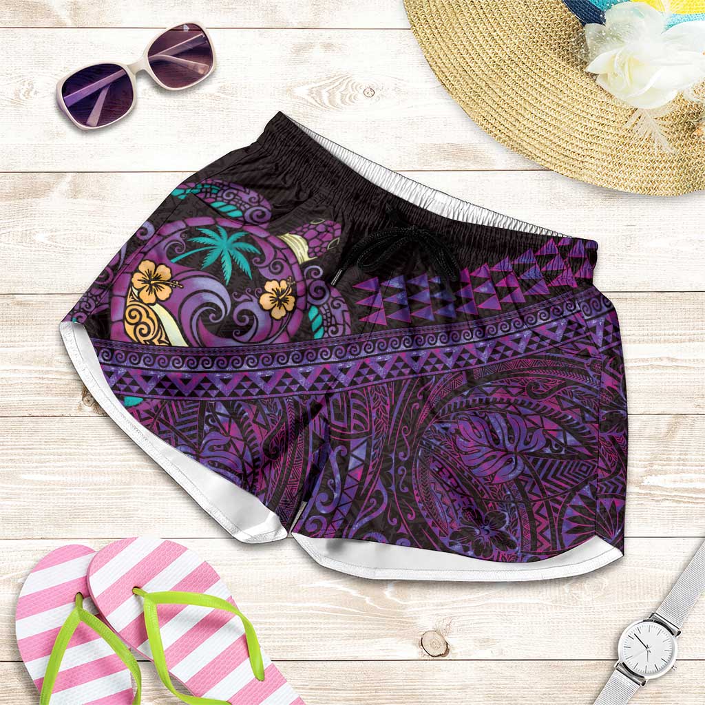 Hawaiian Abstract Sea Turtle Shorts for Women Polynesian Tapa Art and Kakau Tattoo Purple WaterColor - Polynesian Pride