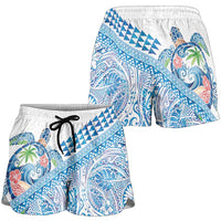 Hawaiian Abstract Sea Turtle Shorts for Women Polynesian Tapa Art and Kakau Tattoo White WaterColor - Polynesian Pride