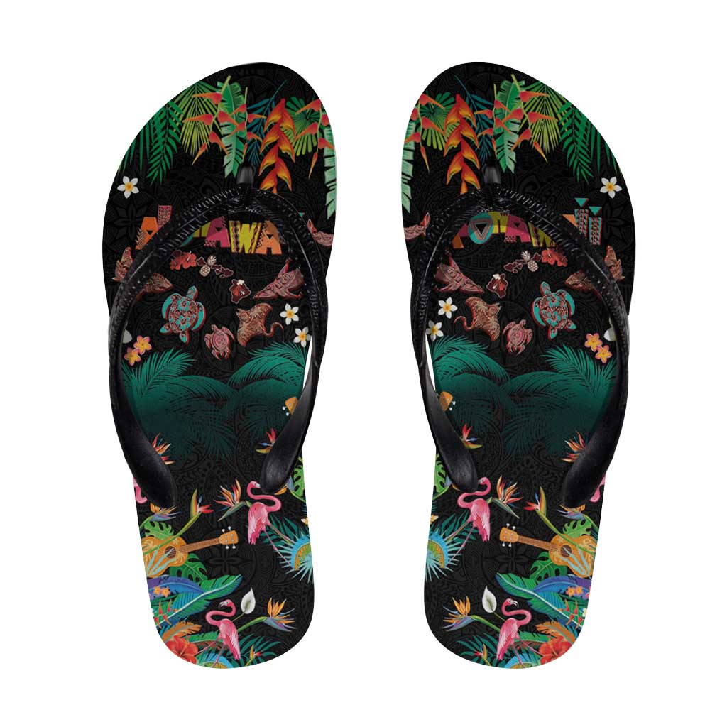 Hawaiian Alohawaii Flip Flops Tribal Sea Animals Tattoo and Tropical Plants LT03 Black - Polynesian Pride