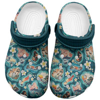 Hawaiian and Japanese Culture Together Clogs Shoes Hawaiian Island Shapes with Japanese Landscape Teal Color