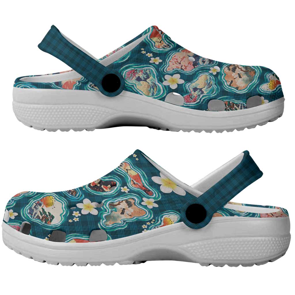 Hawaiian and Japanese Culture Together Clogs Shoes Hawaiian Island Shapes with Japanese Landscape Teal Color