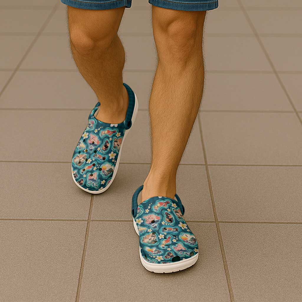 Hawaiian and Japanese Culture Together Clogs Shoes Hawaiian Island Shapes with Japanese Landscape Teal Color