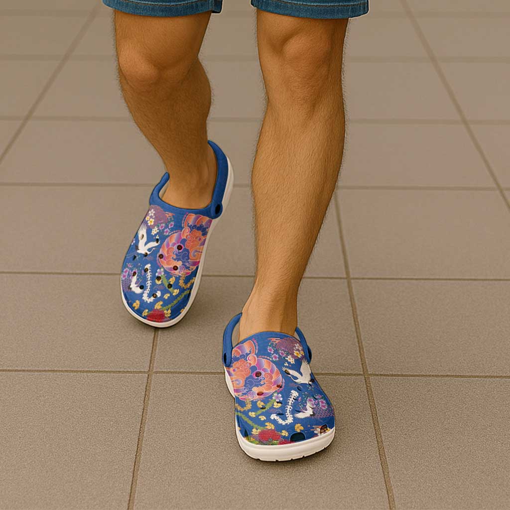 Hawaiian and Japanese Culture Together Clogs Shoes Kakau Tribal Pattern and Irezumi Art Blue Color LT03 - Polynesian Pride