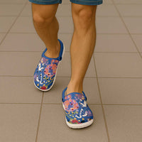 Hawaiian and Japanese Culture Together Clogs Shoes Kakau Tribal Pattern and Irezumi Art Blue Color LT03 - Polynesian Pride