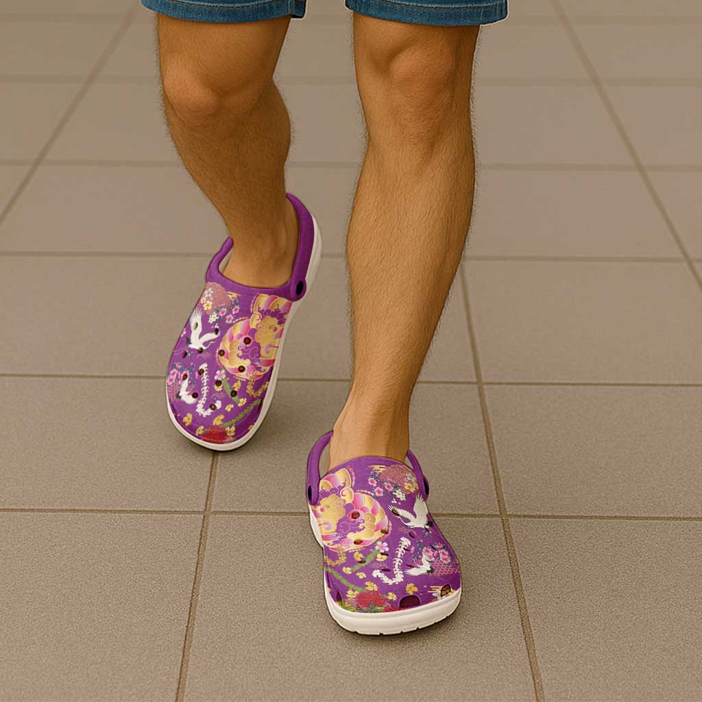 Hawaiian and Japanese Culture Together Clogs Shoes Kakau Tribal Pattern and Irezumi Art Purple Color LT03 - Polynesian Pride