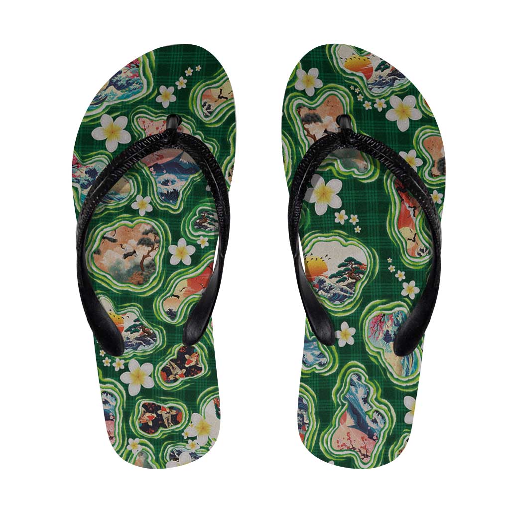 Hawaiian and Japanese Culture Together Flip Flops Hawaiian Island Shapes with Japanese Landscape Green Color