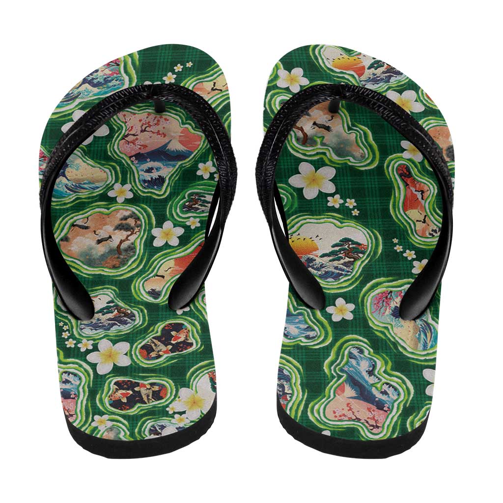 Hawaiian and Japanese Culture Together Flip Flops Hawaiian Island Shapes with Japanese Landscape Green Color