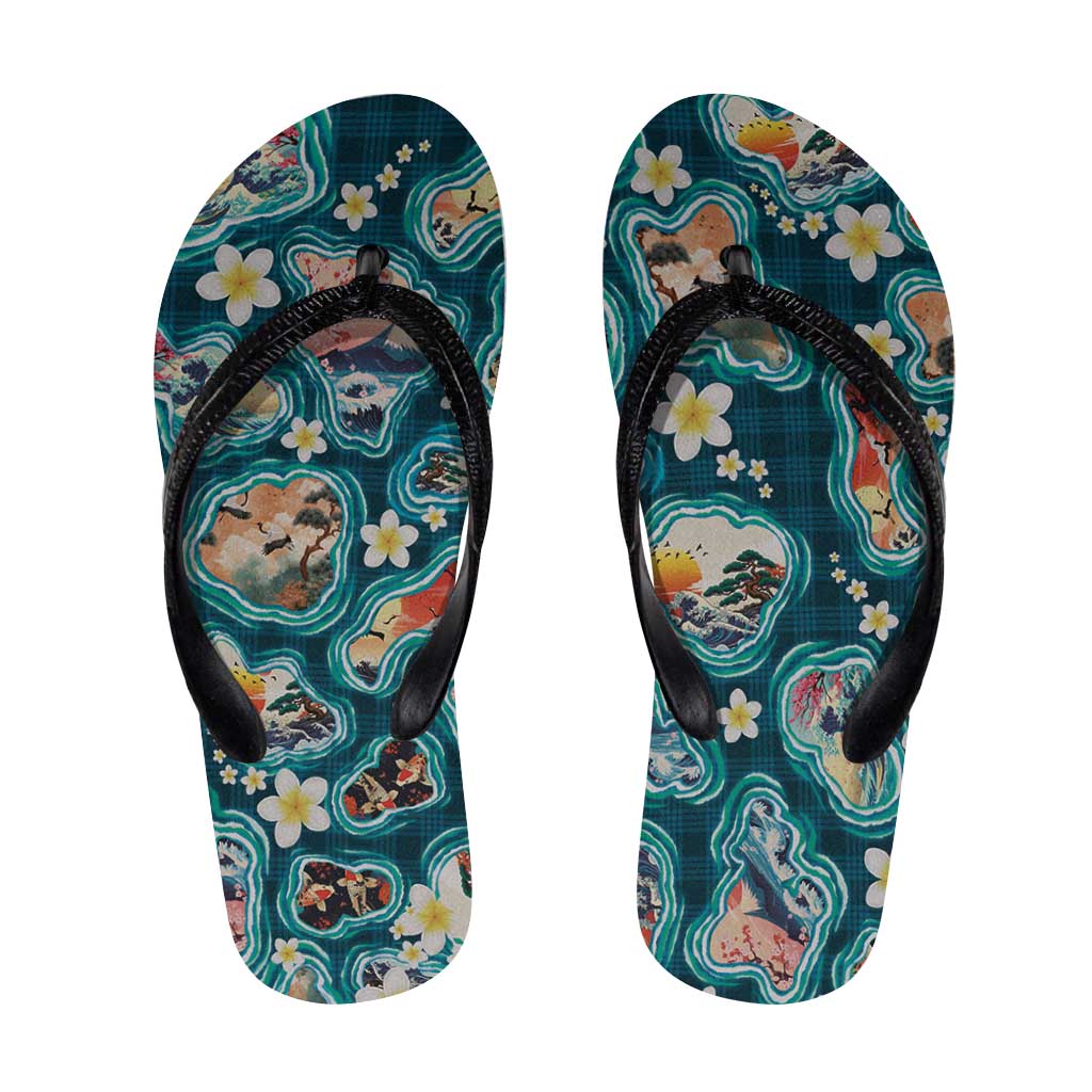 Hawaiian and Japanese Culture Together Flip Flops Hawaiian Island Shapes with Japanese Landscape Teal Color
