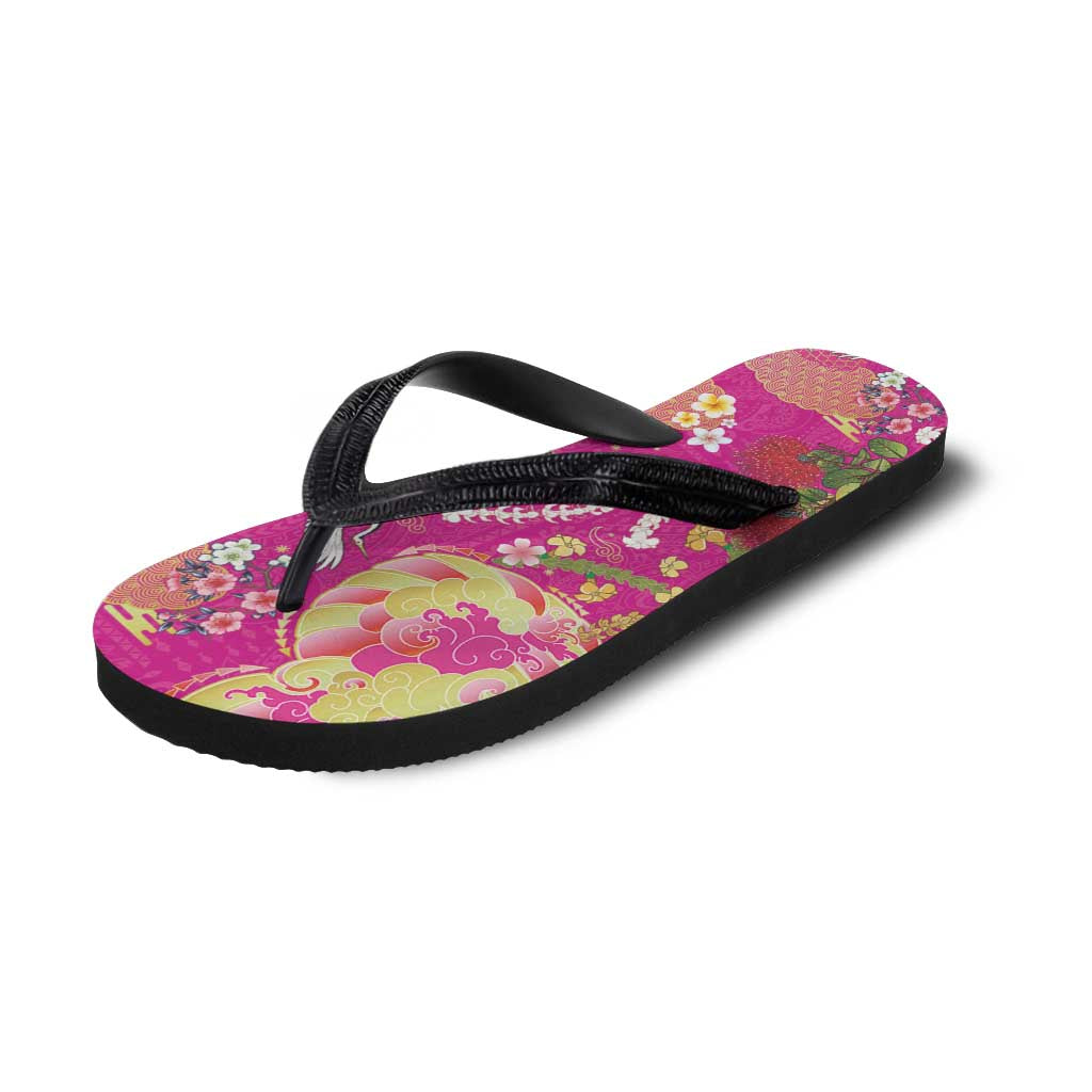 Hawaiian and Japanese Culture Together Flip Flops Kakau Tribal Pattern and Irezumi Art Pink Color