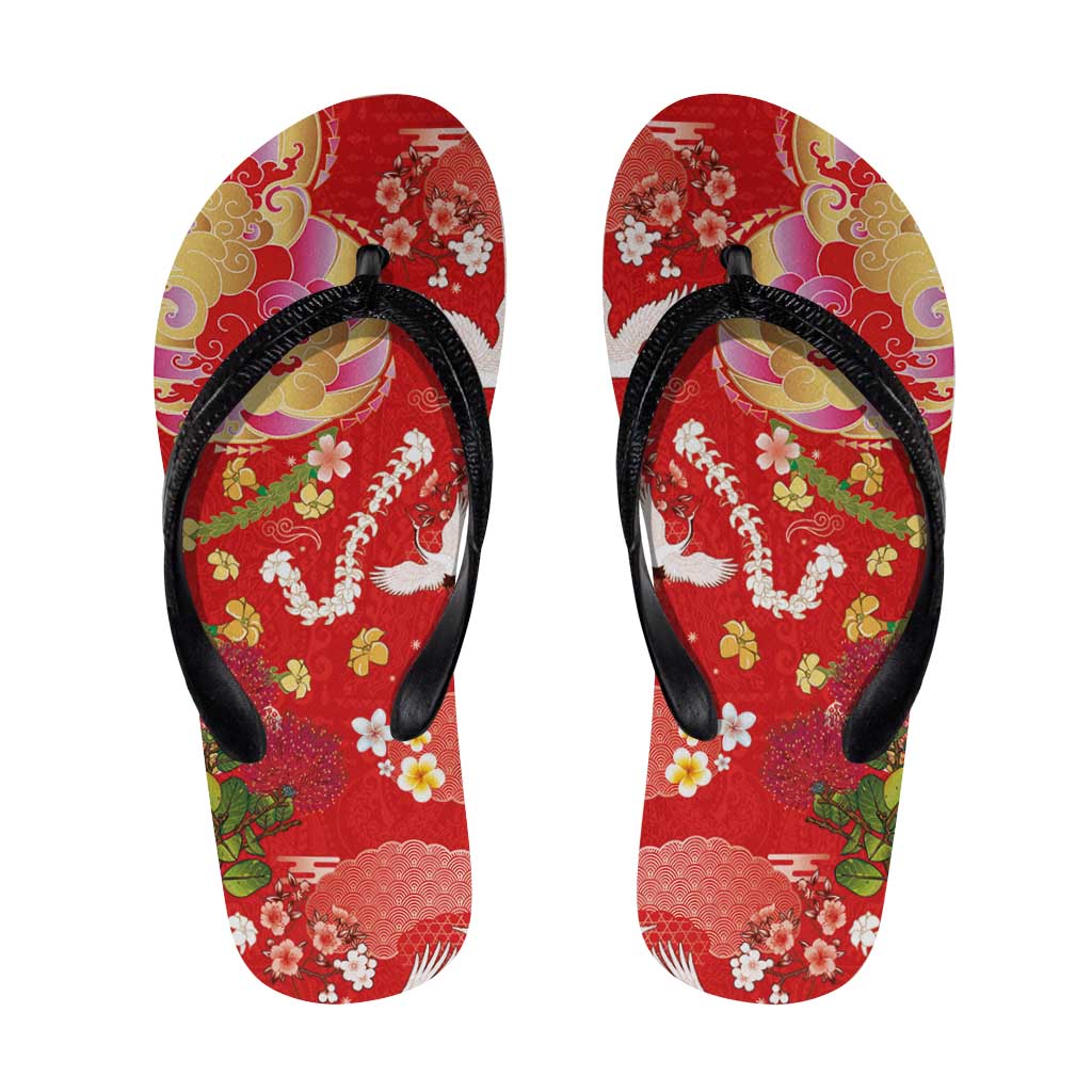 Hawaiian and Japanese Culture Together Flip Flops Kakau Tribal Pattern and Irezumi Art Red Color LT03 Red - Polynesian Pride