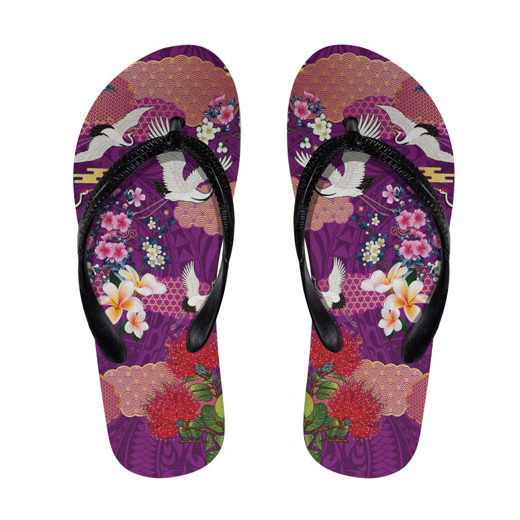 Hawaiian and Japanese Culture Together Flip Flops Purple Ohia Lehua Plumeria and Sakura Blooming LT03 Purple - Polynesian Pride