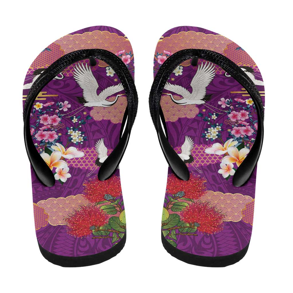 Hawaiian and Japanese Culture Together Flip Flops Purple Ohia Lehua Plumeria and Sakura Blooming LT03 - Polynesian Pride