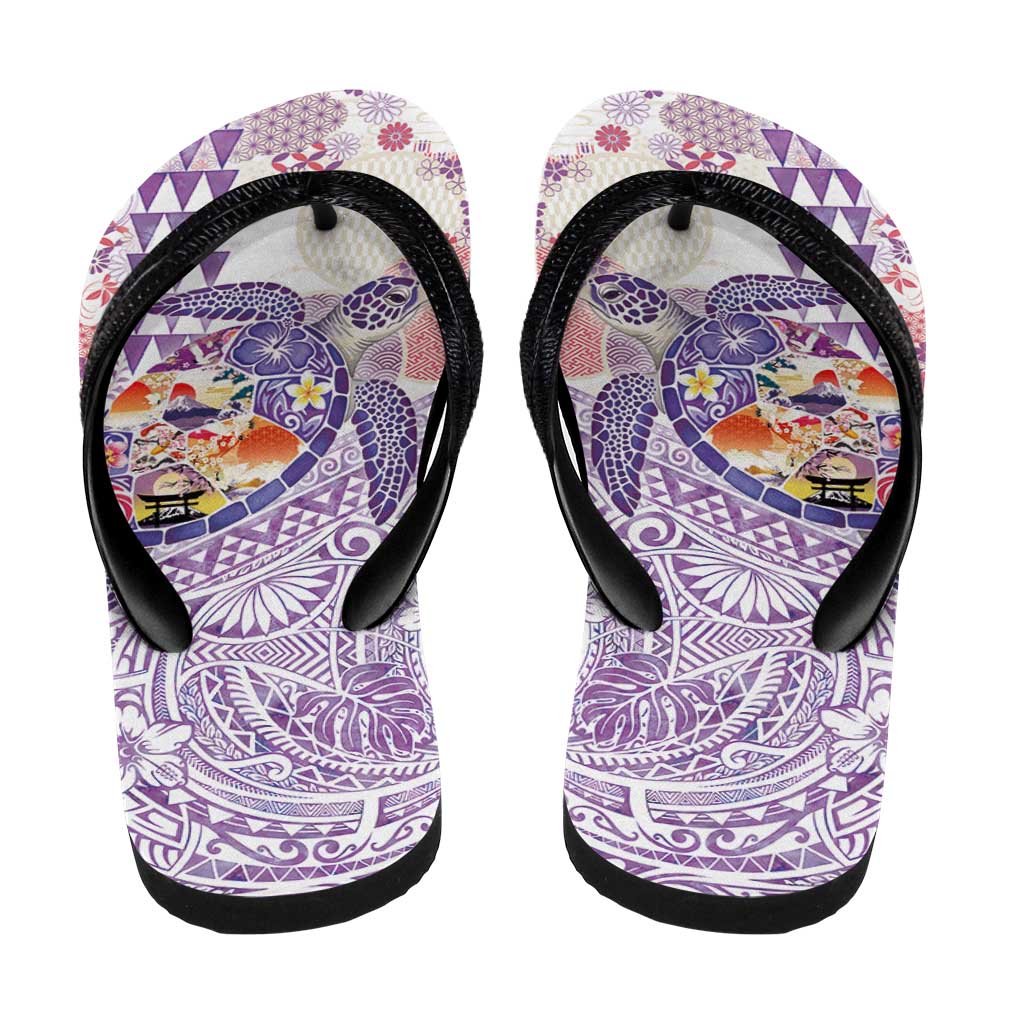 Hawaiian and Japanese Culture Together Flip Flops Tropical Honu with Japanese Elements Purple Color