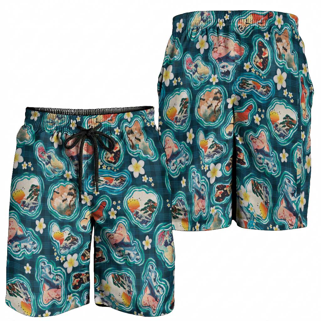 Hawaiian and Japanese Culture Together Shorts for Men Hawaiian Island Shapes with Japanese Landscape Teal Color