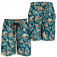 Hawaiian and Japanese Culture Together Shorts for Men Hawaiian Island Shapes with Japanese Landscape Teal Color