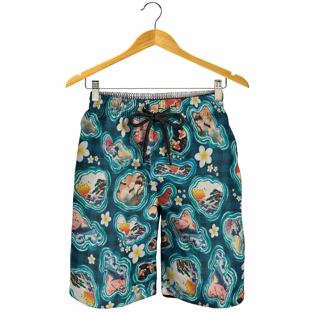 Hawaiian and Japanese Culture Together Shorts for Men Hawaiian Island Shapes with Japanese Landscape Teal Color