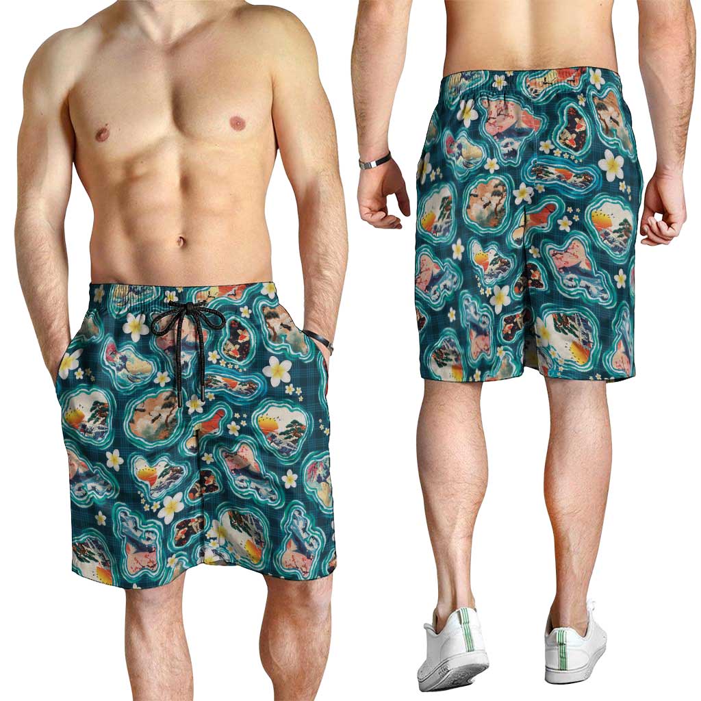 Hawaiian and Japanese Culture Together Shorts for Men Hawaiian Island Shapes with Japanese Landscape Teal Color