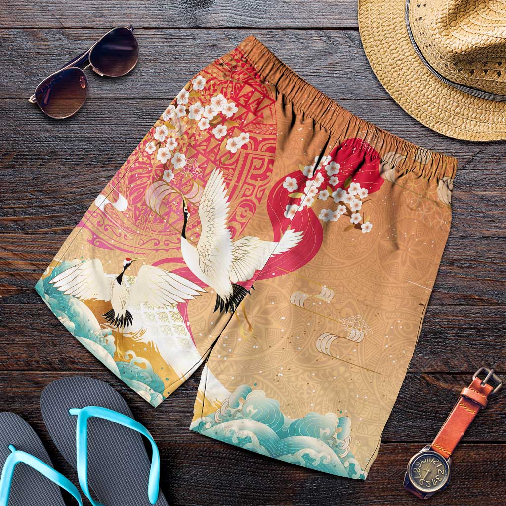 Hawaiian and Japanese Culture Together Shorts for Men Kakau Art Tattoo with Cranes and Sakura Spring Vibe - Polynesian Pride