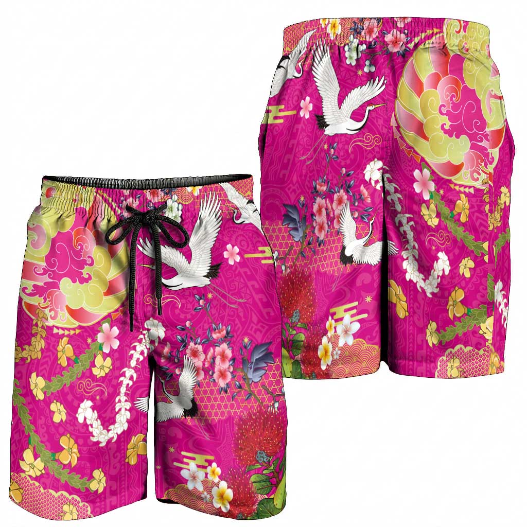 Hawaiian and Japanese Culture Together Shorts for Men Kakau Tribal Pattern and Irezumi Art Pink Color LT03 - Polynesian Pride