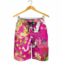 Hawaiian and Japanese Culture Together Shorts for Men Kakau Tribal Pattern and Irezumi Art Pink Color LT03 - Polynesian Pride